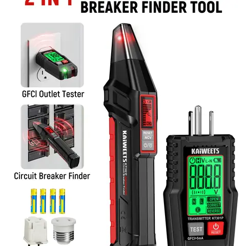 2-Piece AC Circuit Breaker Finder Kit (Transmitter+Receiver), Power Circuit Tester with Built-in GFCI Outlet Tester, NCV Function, Large Backlit LCD Screen, Audible Alert, Flashlight, Portable 90-120VAC Electrical Detector for Home Use