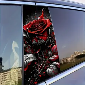 Hardcore Dark Style Appeal Car Sticker - Black White & Red Contrast Rose Graphic Car Side Window Personalized Modification Decal