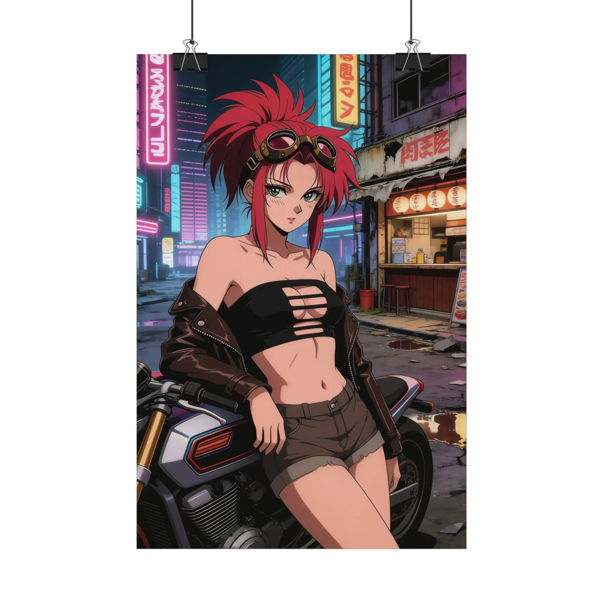 Cyberpunk Biker Girl Satin Poster | Anime Urban Nightscape
