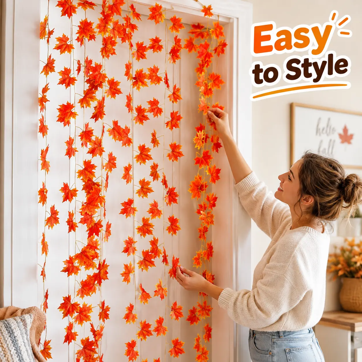 Artificial Red Maple Leaf Garland, Faux Fall Leaf Vine for Ceiling, Wall, Pipe, Restaurant, Home, Party and Autumn Seasonal Decor, 12 Pack