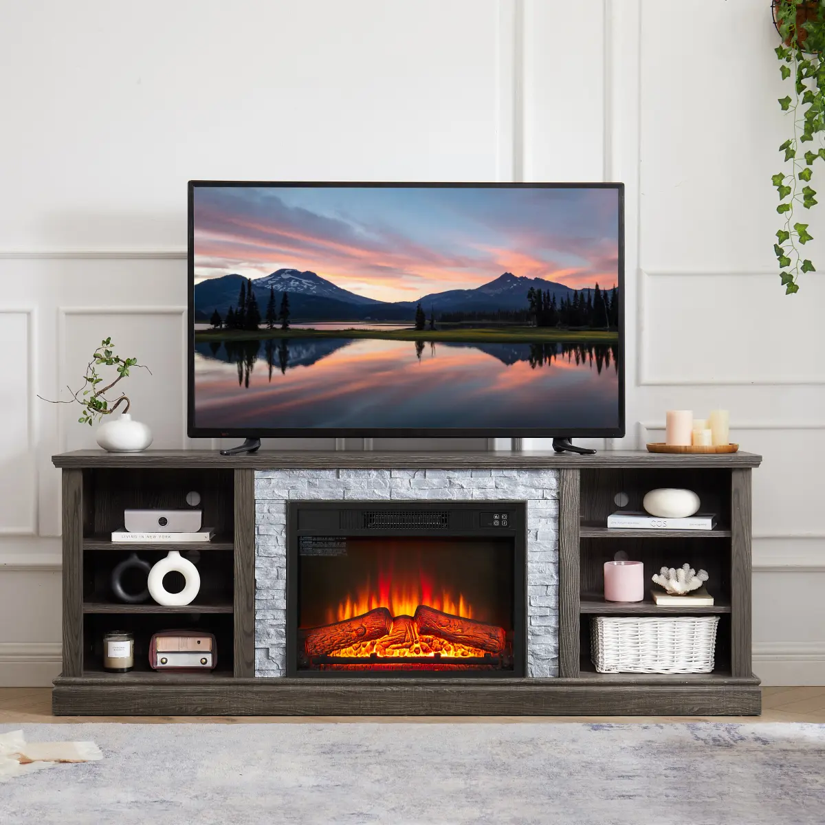 Large Fireplace TV Stand Storage Rack with Faux Stacked Stone Surround, Modern Media Console Table with Large Storage Cabinet and 23" Fireplace Insert, 70.12"W*15.35"D*25.83"H