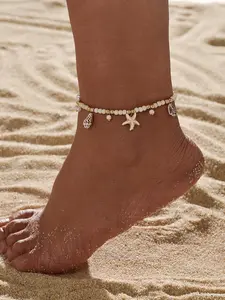 1pc Starfish Seashell Pendant Anklet, Ocean Style Elastic Anklet, Fashion Beaded Anklet, Perfect for Summer Beach Wear