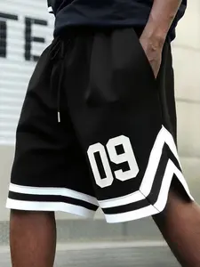 Men's Printed Basketball Shorts, Striped Sporty Shorts, Street Style Fitness Training Shorts, Loose-Fitting Drawstring Waist, Casual Knit Shorts