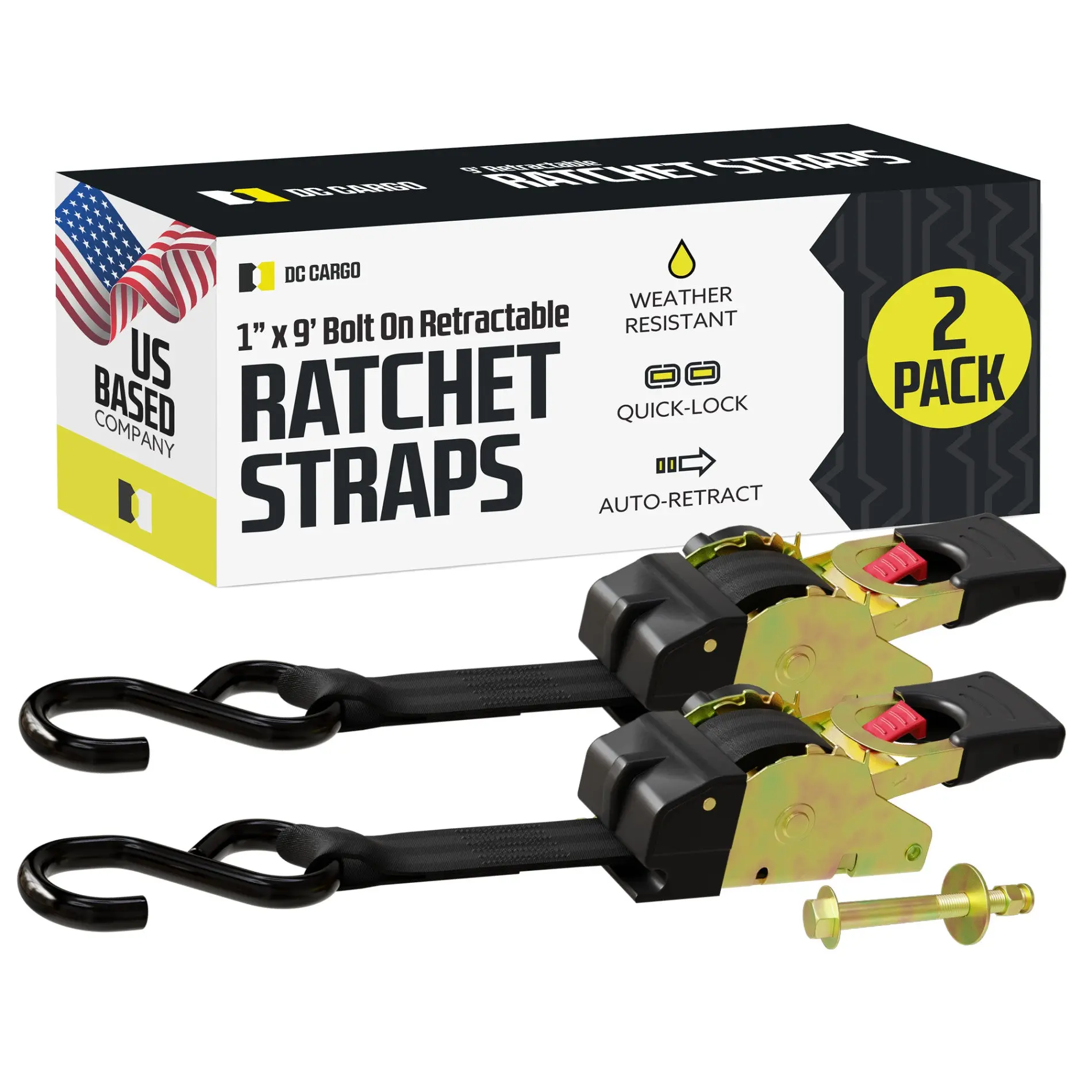 DC Cargo Bolt-on Auto Retractable Ratchet Straps - (2 Pack) 1 Inch x 9 Ft - 600 lbs Break Strength - Retractable Ratchet Tie Down Straps for Boats, Jet Skis, Motorcycles, ATVs
