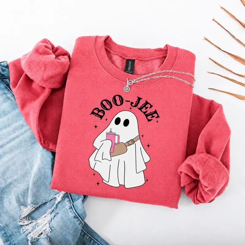 Boo-Jee Ghost Sweatshirt, Funny Boujee Ghost Graphic Crewneck, Cute Halloween Coffee Sweatshirt, Spooky Pink Fall Pullover, Cozy Unisex Halloween Sweatshirt