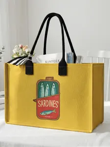 1 piece of sardine can pattern 2D printed large capacity storage bag, extra large storage bag, sturdy handle, space-saving multi-purpose, suitable for use at school, business trips, shopping, Reusable Bag, Lightweight Shopping Bag