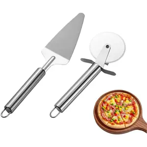 Kitchenware 2-Piece Stainless Steel Pizza Cutting & Serving Utensil Set - Curved Rocker Cuts Entire Pizza in 1 Motion, Wide Spatula Lifts Slices With Intact Toppings