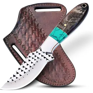 RASP Steel Bull Cutter Knife with Pancake leather sheath, Hunting Knife with holster, Cowboy Bull Cutter, Fixed Blade Damascus Knives
