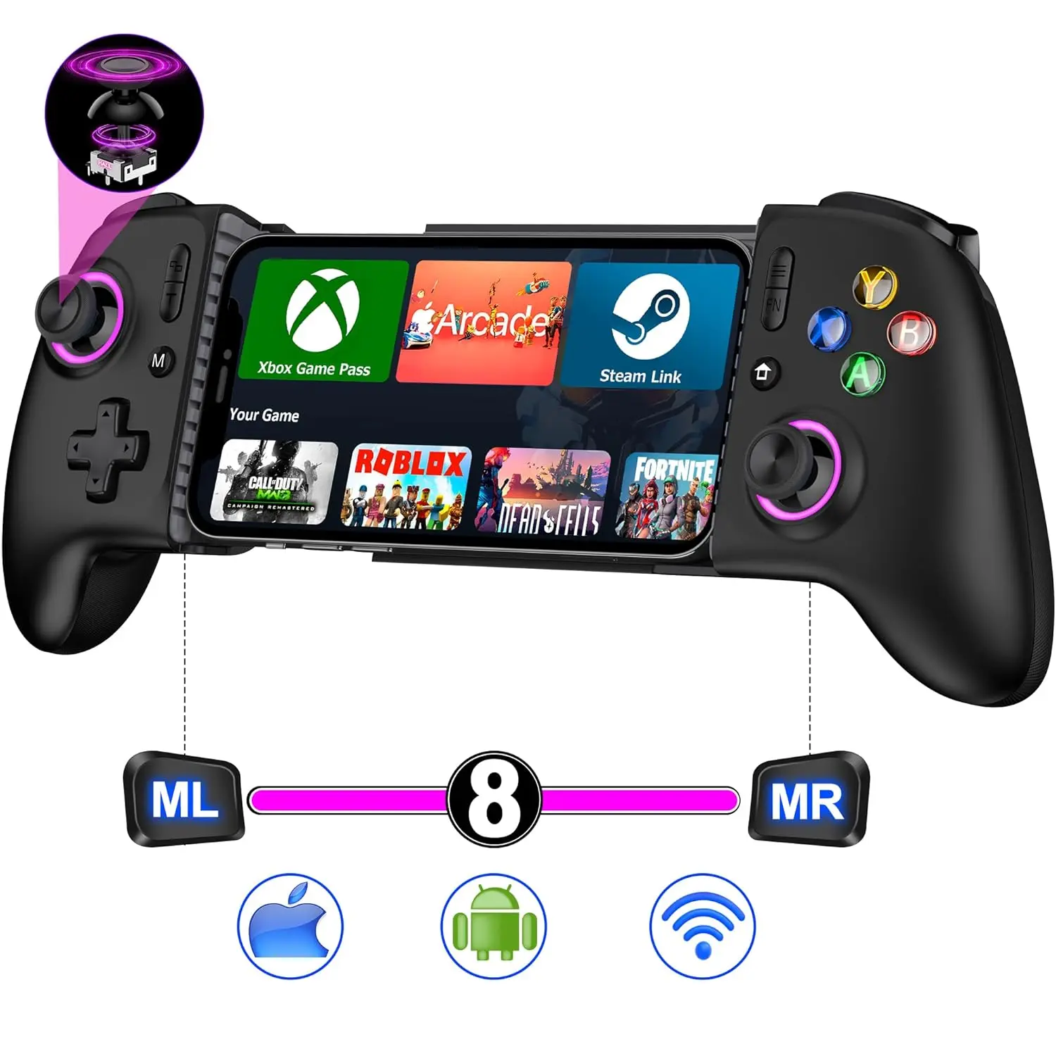 Phone Controller Mobile Gaming Controller with Hall Effect Joysticks & Triggers,Retractable Phone Case Support, Controller for iphone and Android