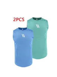 Men's 2pcs Quick-Dry Mesh Printed Sleeveless Tight Sports Vest Sports Wind T-Shirt, Casual Fitted Fashion Clothing, Men's Apparel Style menswearfashion