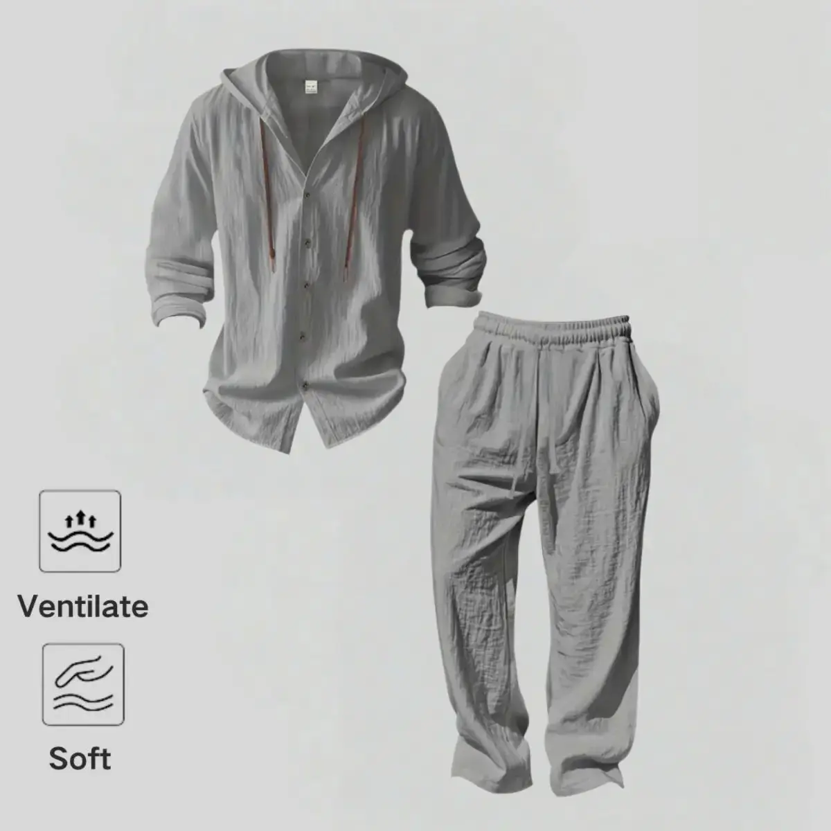 Veiskor-Men’s two-piece hooded set made from soft linen.Loose, relaxed fit, trendy casual vacation street style, comfortable all day.