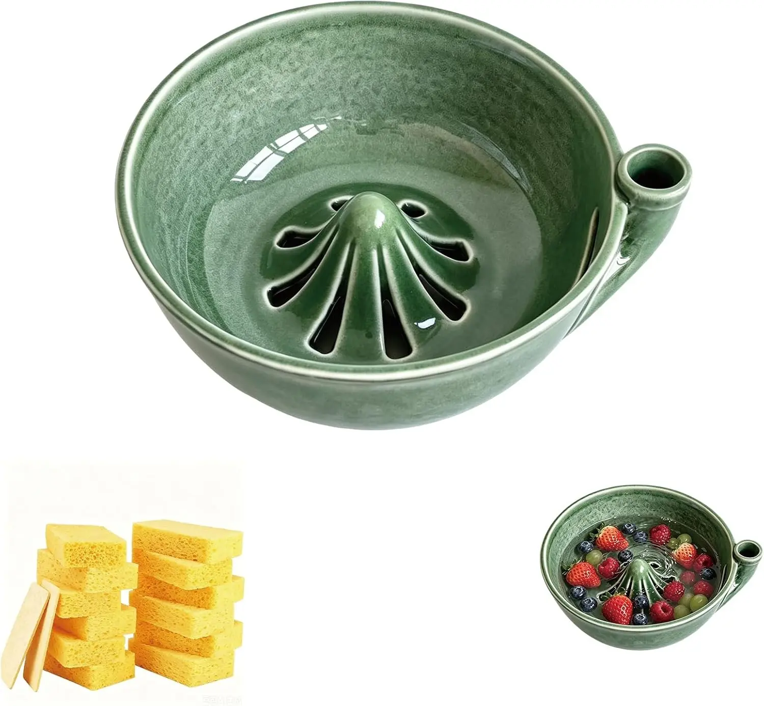 Self Rinsing Berry Washing Ceramic Bowl, 7'' Ceramic Berry Basket with Holes Stoneware Fruit Rinse Bowl with 10pcs Compressed Cellulose Sponges for Kitchen Counter (Antique Green)