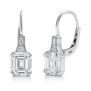 Solitaire 4ct Asscher CZ Leverback Earrings in Sterling Silver