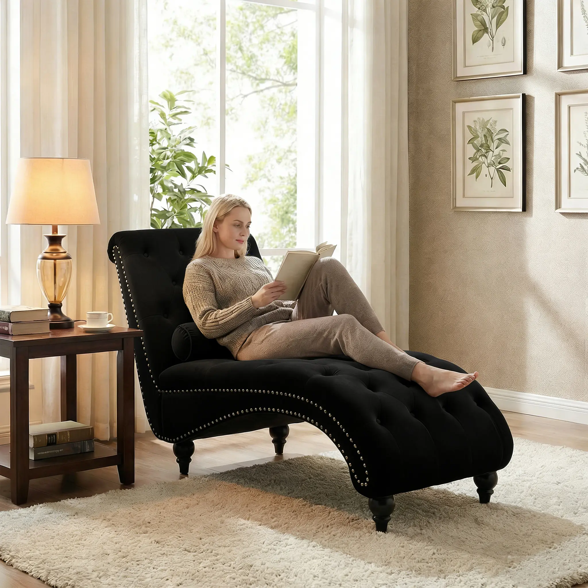 SZLIZCCC Chaise Lounge Chair Indoor Button-Tufted with Solid Wood