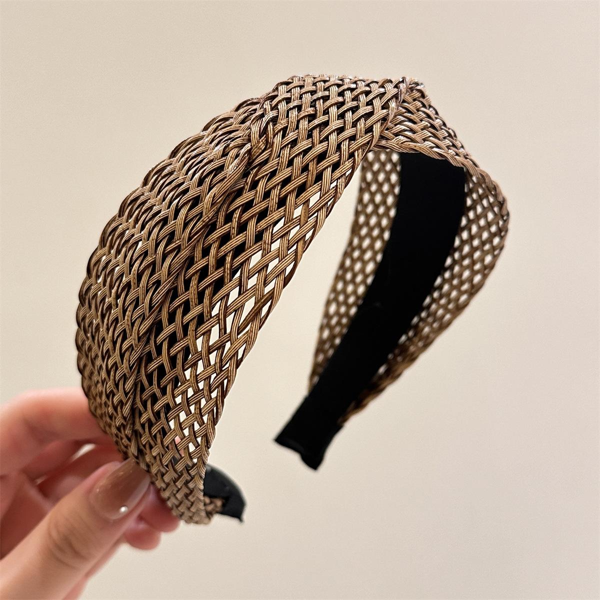 2PCS Summer Fresh Resort Style Straw Braided Knotted Cross Headband Handcrafted Weave with High Crown to Flatter Face Shape Wide-Brimmed Headband