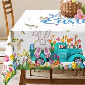 Easter tablecloth happy easter table cloth for rectangle tables 60 x 84 bunny eggs truck tulip washable polyester vintage table cover for picnic party outdoor dinner dining room