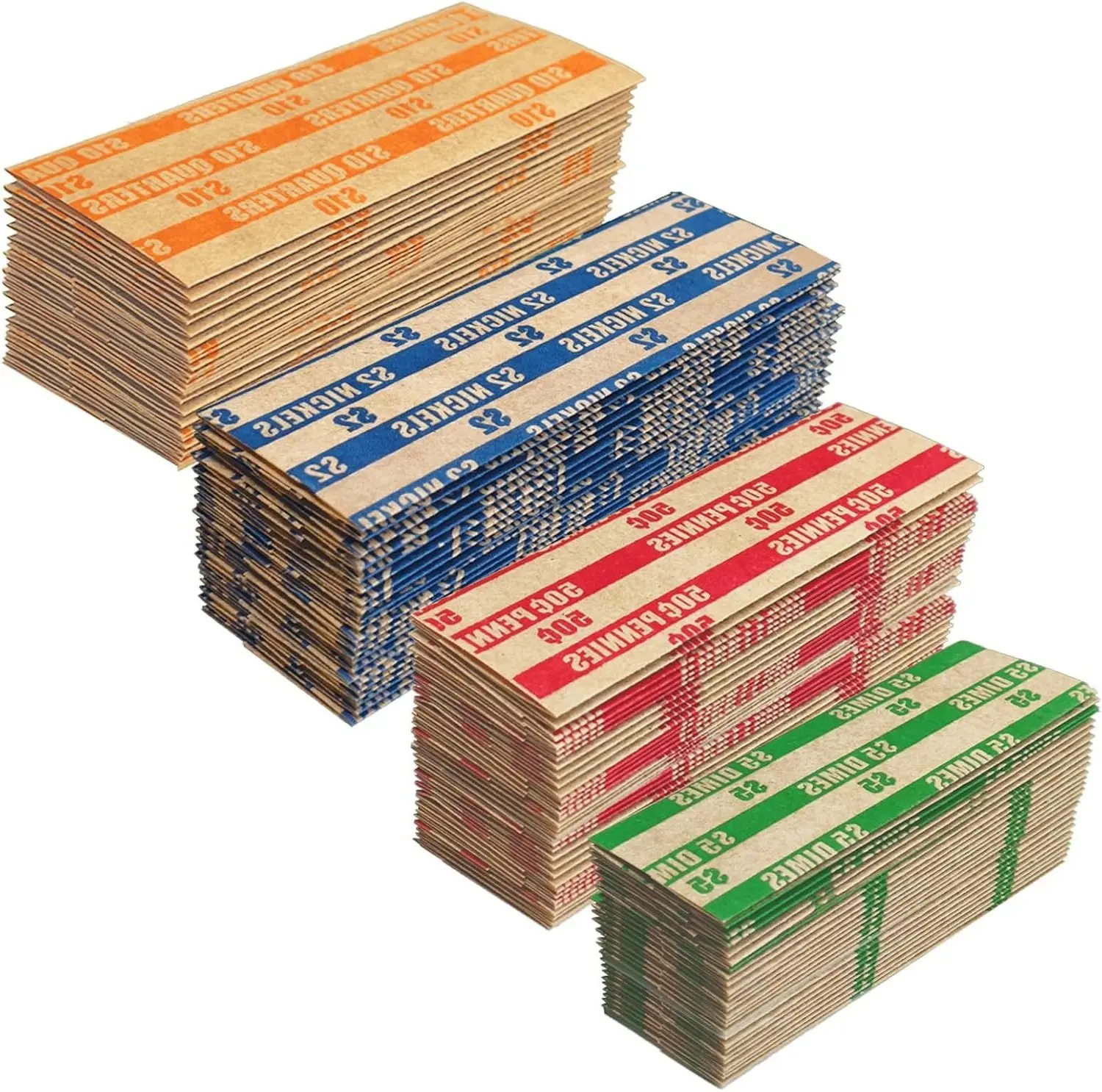 600 Pcs Coin Wrappers, 150 Each for Quarters, Pennies, Dimes, Nickels | Assorted Striped Standard Size for Banks, Stores & Offices
