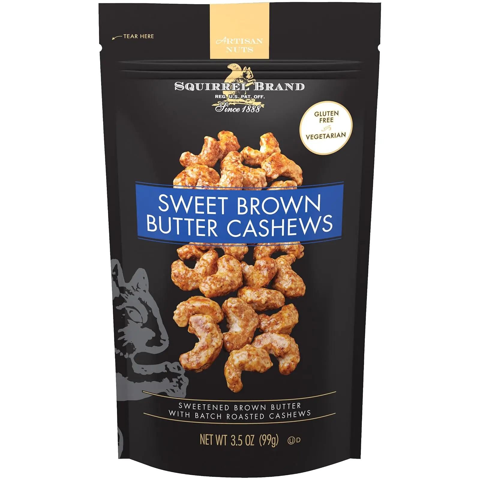 Squirrel Brand Sweet Brown Butter Cashews, 3.5 oz Resealable Bag | Gourmet Flavored Cashews Nuts, Gluten Free, Vegetarian