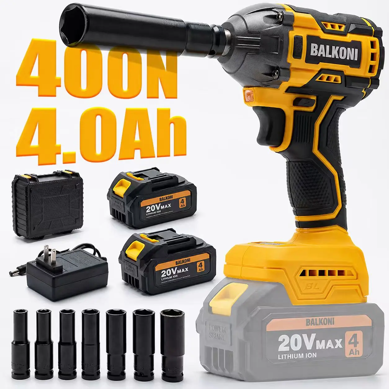 BALKONI 400N.m Torque Wrench, Electric Cordless Impact Wrench, Socket Wrench Set, Impact Gun, Impact Driver, Impact Drill With 1/2 4000mAh Battery Powered, 1 Fast Charger, 7 Sockets And 1 Toolbox