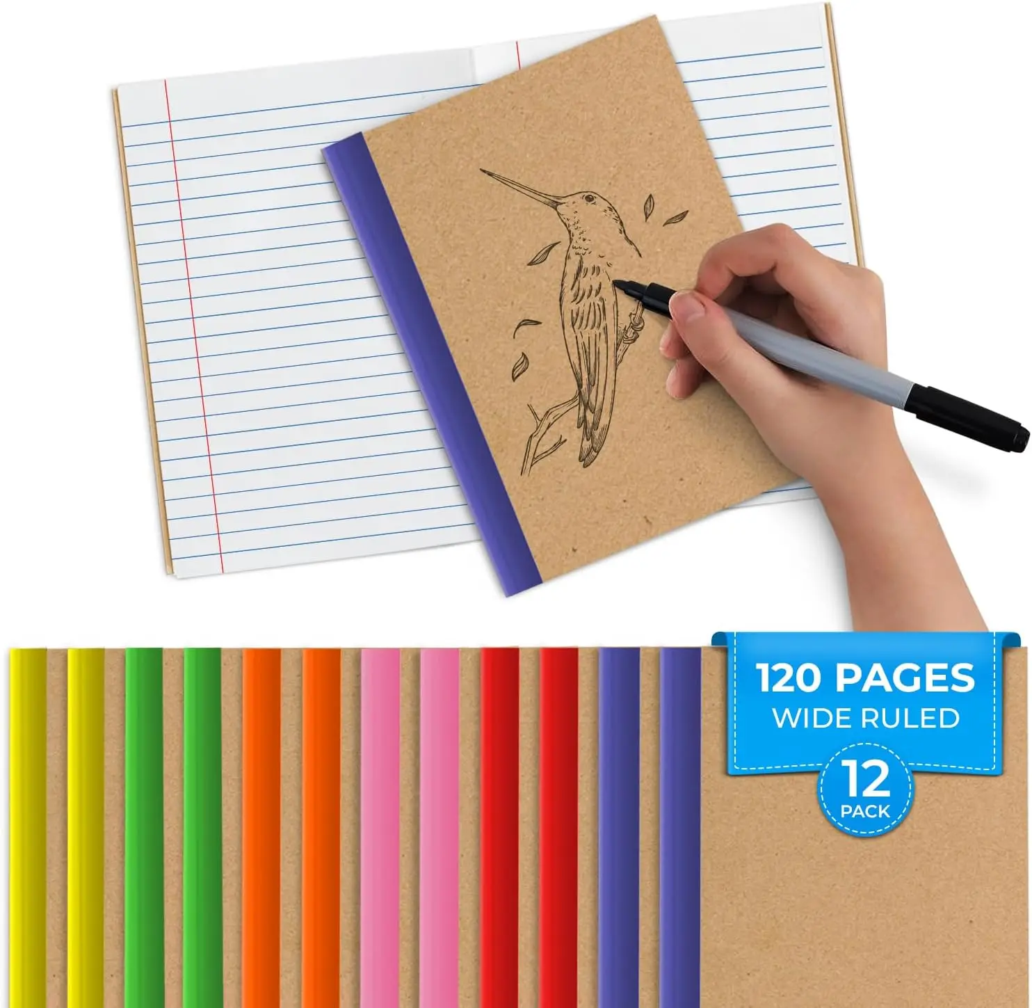 12 Pack  Journals Bulk, 8 x 5.7, Extra Pages - 120 Pages (60 Sheets), Wide Ruled, No Bleed Thick Paper, Small Composition Notebook for School, Lined  Travel Notebook, Rainbow Spines