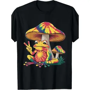 GlowishGlimmer Men's Vintage Hippie T-Shirt 100% Cotton 180g Tie-Dye Mushroom Frog Peace Sign Short Sleeve Round Neck Colorful Retro Style Made in USA