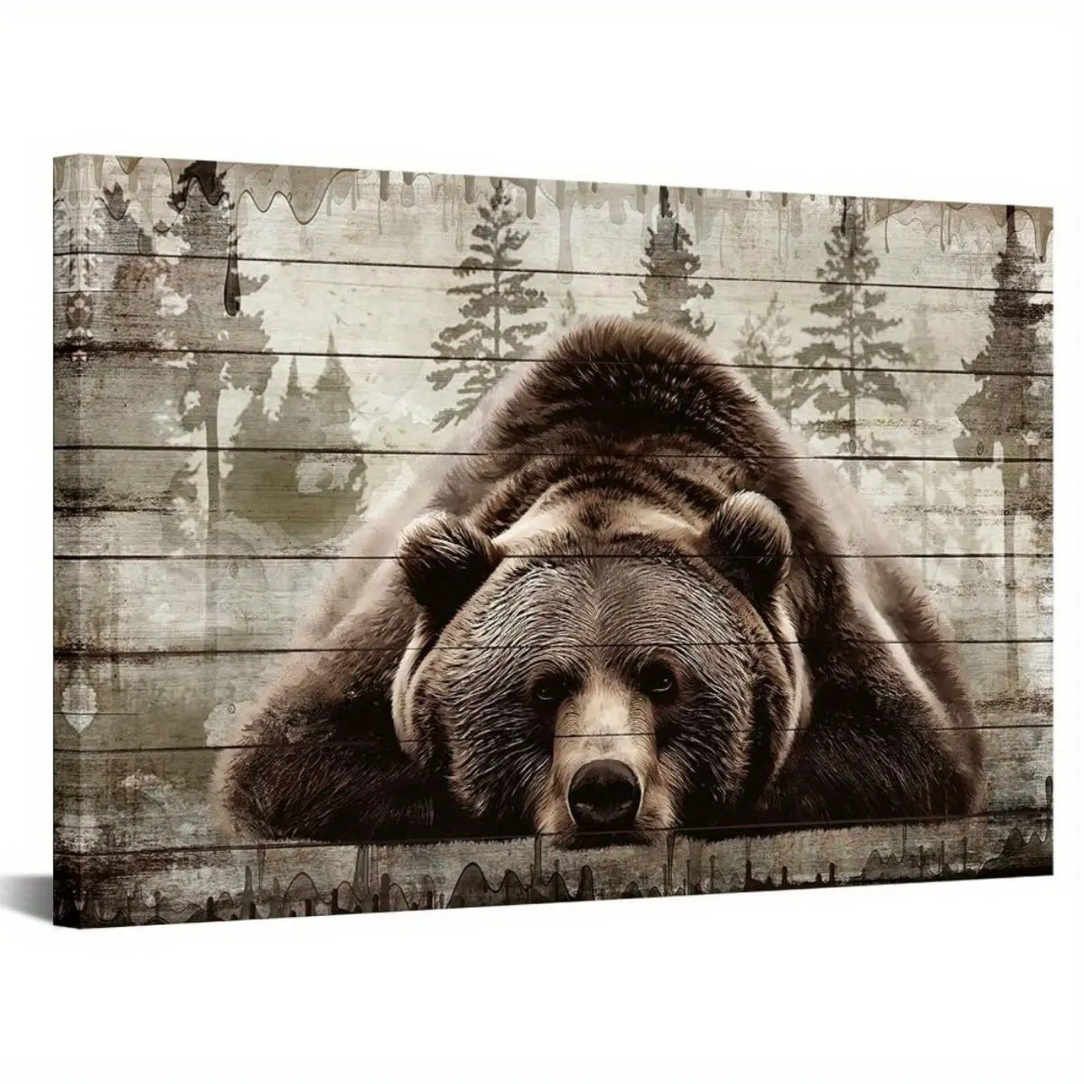 Brown Wall Art Painting - Grizzly Bear Prints On Canvas Vintage Forest Wildlife Animal Pictures Wall Art for Home Cabin Decoration Rustic Farmhouse Decor, Ready To Hang Wooden Frame - - For Nature Lovers & Home Decor Enthusiasts Artistic Decorative