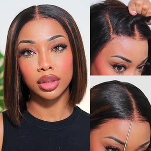 【 Put On and Go 】Yaki Straight Highlight Mix Color Short Bob Human Hair 4x4 Closure Wig Human Hair 180% Density Pre-Cut Lace Pre Bleached Tiny Knots Glueless Wig Highlight Natural Hair  100% Human hair#summerwins