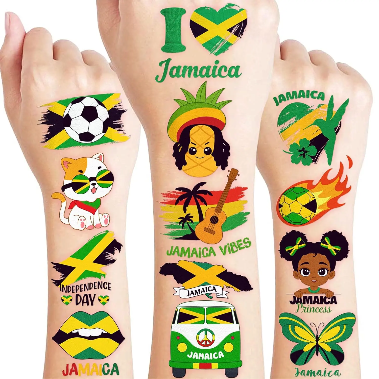 96 PCS Funny Jamaica Pre-Cut Temporary Tattoos for Kids | Super Cute Themed Birthday Party Favors, Supplies, Decorations, Fake Tattoo Stickers, School Prizes Gifts For Boys Girls