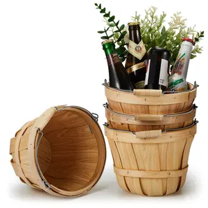 4 Pcs 6*8'' Round Wooden Baskets Gifts Empty Wood Baskets Fruit Buckets with Handle for Gifts Empty Bushel Basket Garden Basket for Fruits Vegetables Home Garden Farm and Party Supplies(Wood)