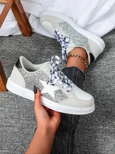 Women's Fashion Glitter Star Design Shoes, Casual Low Top Round Toe, Breathable Eva Sole, Perfect for Christmas Gifts & Daily Wear