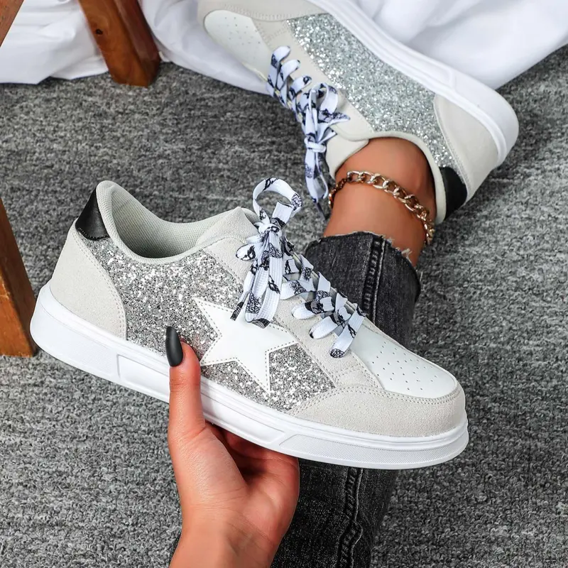 Women's Fashion Glitter Star Design Shoes Sneaker, Casual Low Top Round Toe, Breathable Eva Sole, Perfect for Christmas Gifts & Daily Wear, Casual Sneakers
