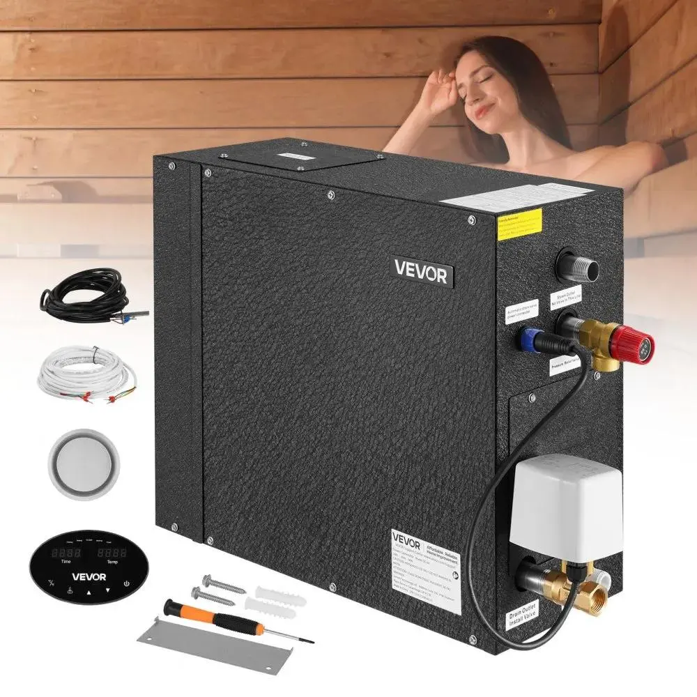 【summerfinds】VEVOR 6 kW Compact Carbon Steel Steam Generator, Sturdy Build Steam Shower System with Digital Controller for Home Sauna Spa, Commercial Auto Drain Kit with Overheat Dry-Run Overpressure Protection, 10 Min-24h Efficient, Black, Temp Timer