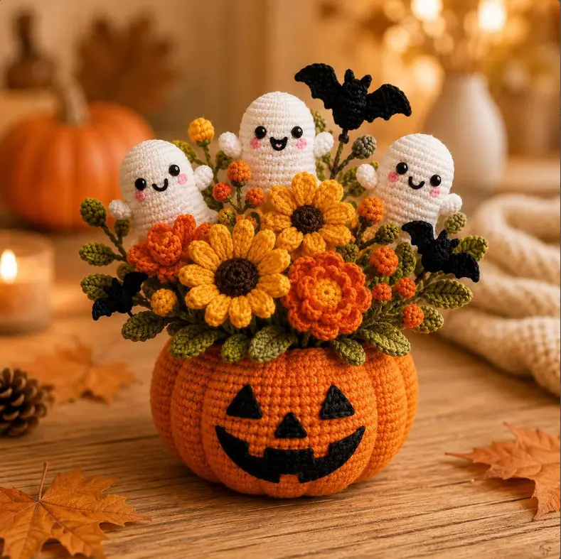 Crochet Halloween Flower Arrangement, Ghost Black Cat Pumpkin Witch Cauldron Centerpiece, Handmade Fall Decor
