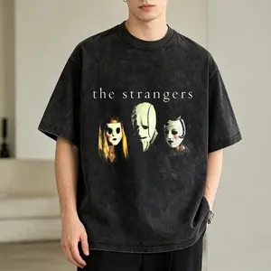 Men's Vintage Washed T-Shirt The Strangers Mask Faces Horror Oversized Graphic Tee Outdoor Casual Short Sleeve