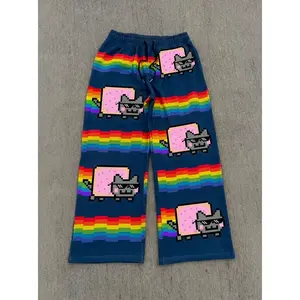 Y2K Rainbow Cat Print Cargo Pants | Comfy Wide-Leg Sweatpants for Women | Harajuku Streetwear Style
