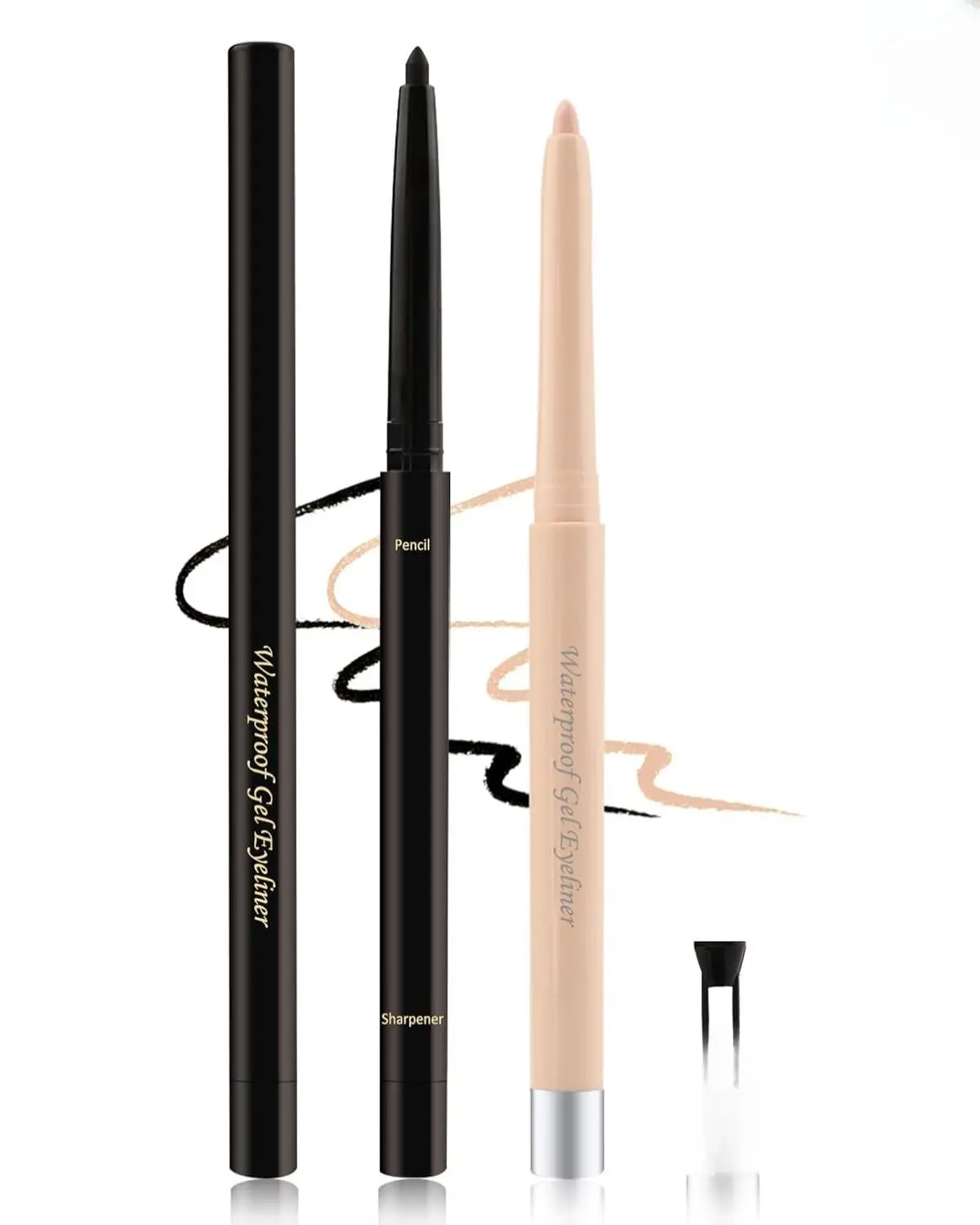 Black+Nude Waterline Eyeliner Pencil, Cream Gel Eye Liner Pencils for Older Women,Waterproof Smudge-Proof Long Wear Retractable Eye Liner with Sharpener, Water Line Eyeliner for Older Women-2Pcs