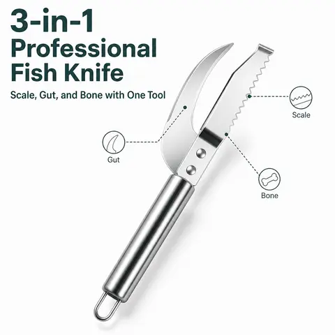 Fish Scales Scraping Tool,Multifunction Stainless Steel Fish Scale Knife Fish Cleaning Kit,3 In 1 Fish Maw Knife,Household Kitchen Fish Scale Tool (1 Pcs) Comes with hooks