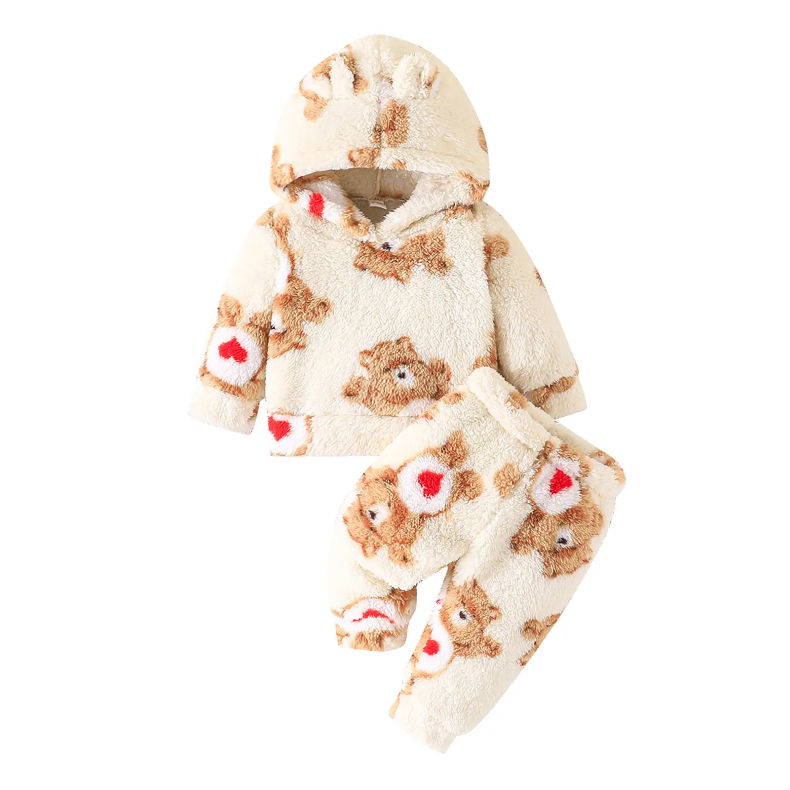 Newborn Infant Baby Girl Boy Fall Winter Outfits Fuzzy Long Sleeve Bear Print Hoodie Sweatshirt and Pants Set Toddler Warm Clothes