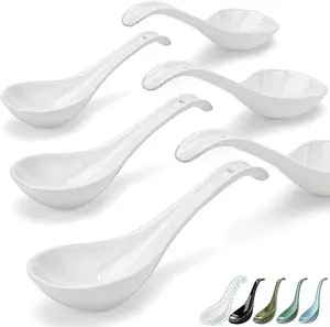 Artena 6.75 Inch Asian Soup Spoons Set of 6 - Ultra-Fine Porcelain Tablespoons with Deep Oval Hook Design for Cereal and Ramen Pho - Cutlery Tableware Serving Plastic White honey spoon