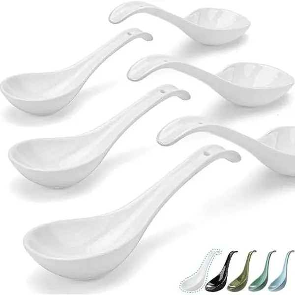 Artena 6.75 in Ultra-Fine Porcelain Asian Soup Spoons Set of 6 - BPA-Free, Durable, Ergonomic Deep Oval Hook Design, Dishwasher Safe White Modern Serving Cutlery for Ramen, Thanksgiving, Christmas Housewarming Gifts