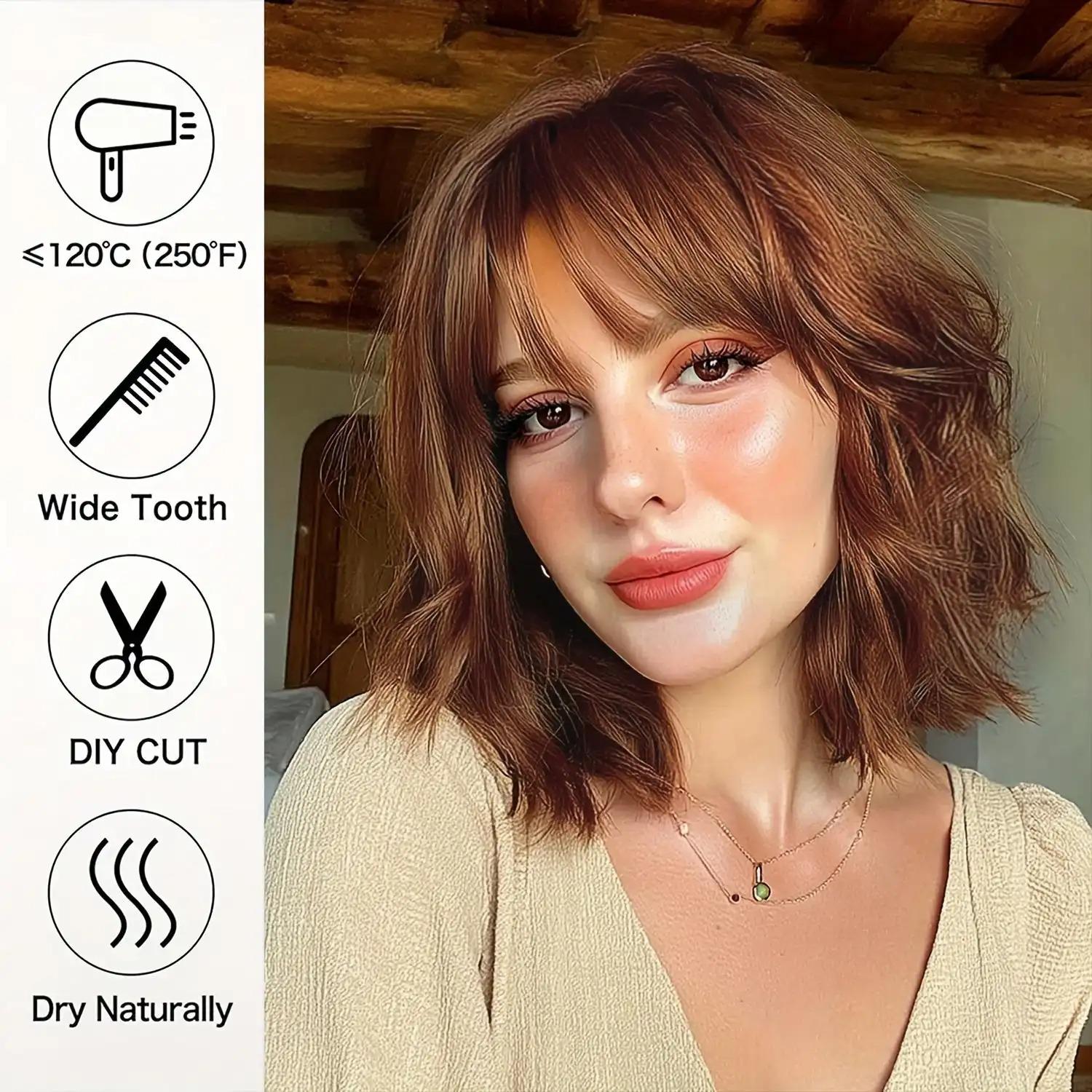 FESHFEN Invisible HD Lace Front Wig with Curtain Bangs - Natural Ash Brown Body Wave Wig for Women, Glueless & Beginner Friendly 24 inch