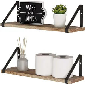 Floating Shelves Bathroom Storage Wall Mount  Decor Bedroom Kitchen Laundry Room Organizer with Black Brackets and  Burned Rustic  Shelves Set of 2