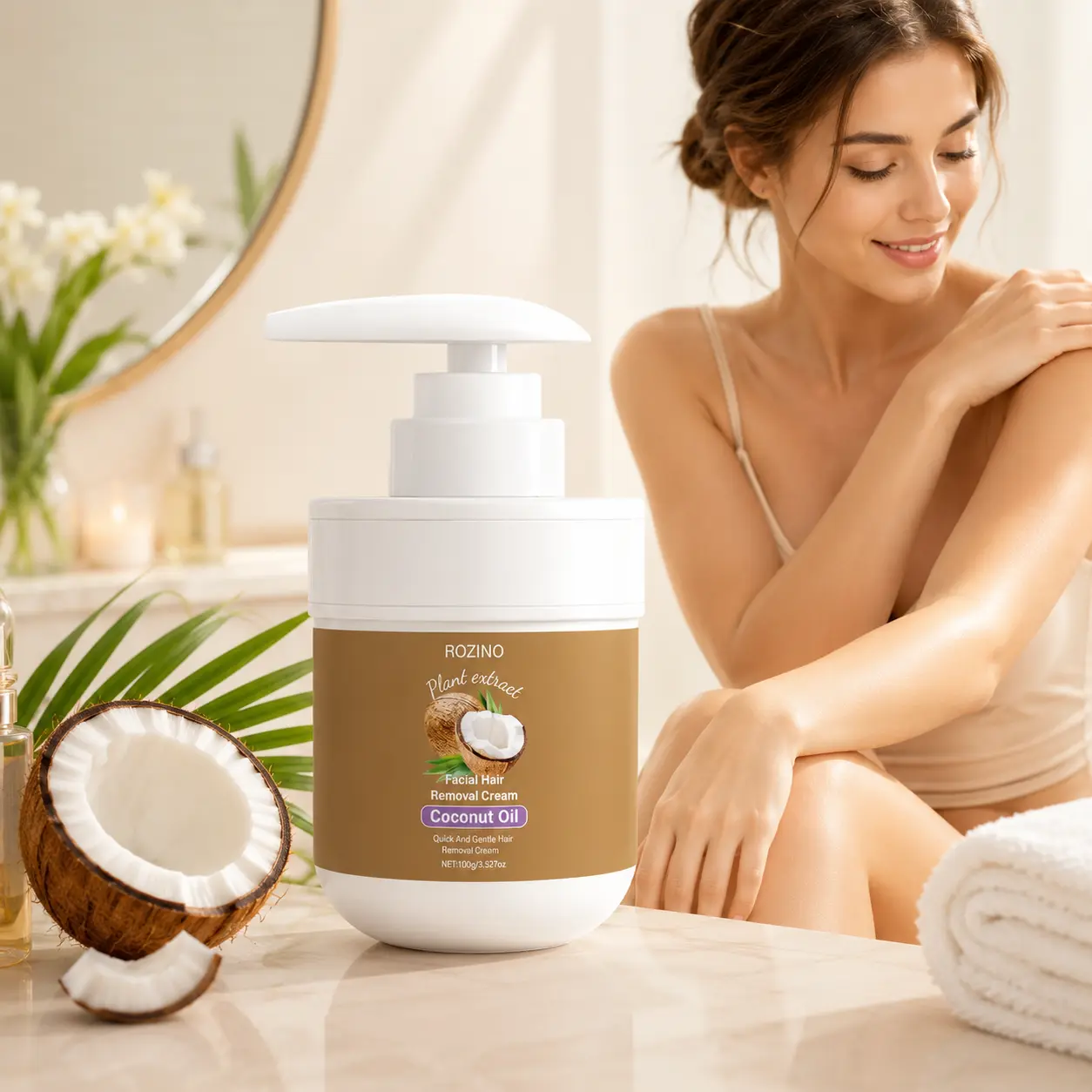 ROZINO Coconut Oil Hair Removal Cream for Women and Men, Depilatory Cream for Face, Upper Lip, Chin, Cheeks, Arms and Legs, Easy Application, Non-Sticky Cream Texture, Smooth Finish Hair Remover for Convenient At-Home Grooming