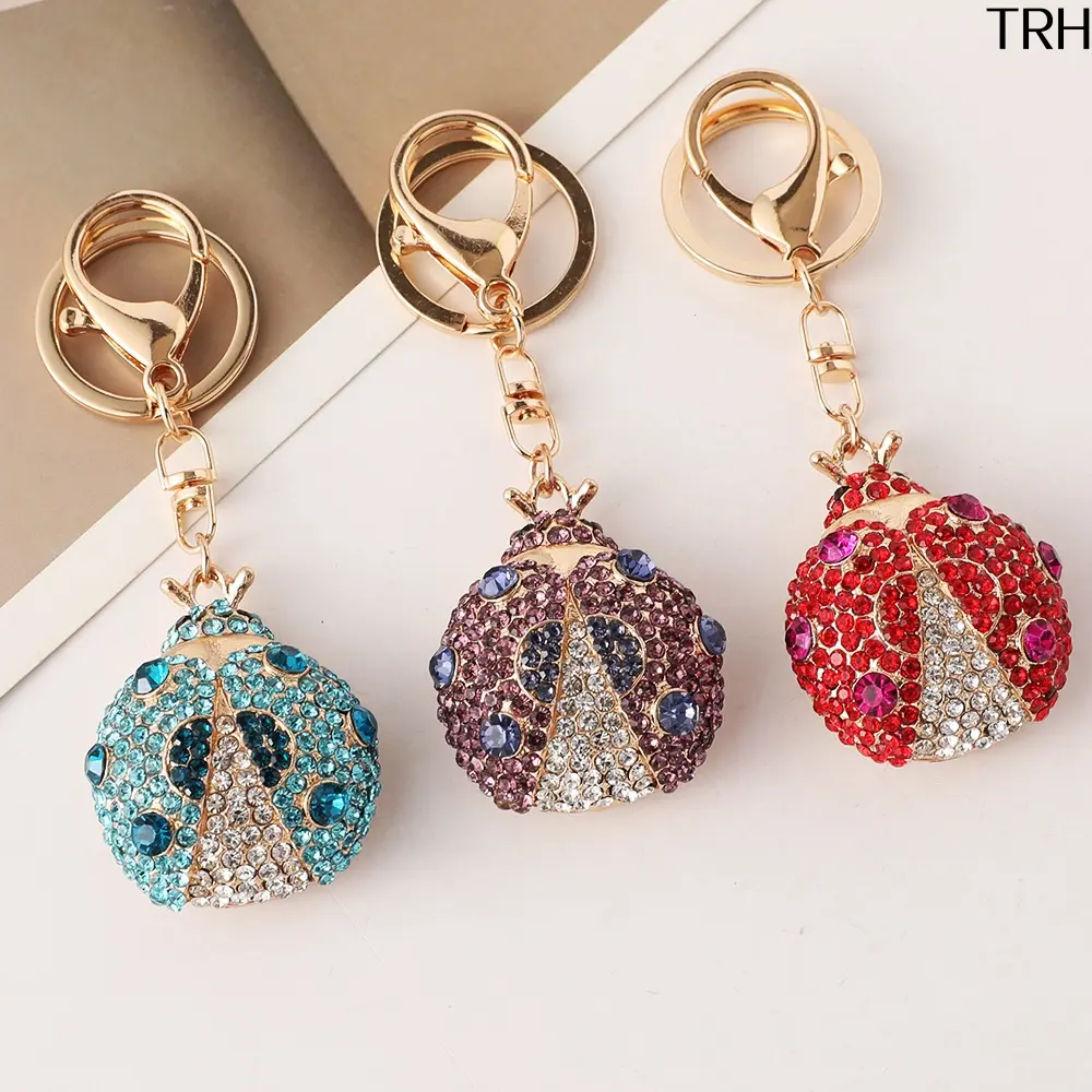 Bling Rhinestone Ladybug Car Keychain for Women, 3D Crystal Pave Cartoon Beetle Key Ring with Lobster Clasp, Sparkly Gold-Tone Purse Bag Charm, Cute Decorative Key Holder for Handbag Birthday Gift Daily Carry