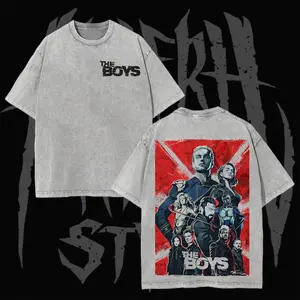 [Collection] Animation Style The Boys Graphic T-Shirt – Minimal Logo Front & Comic Character Collage Back Print, Homelander & The Seven Design, Vintage Washed Unisex Tee, Gift for Fan, Gift for Him