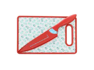 Gibson Home Village Vines 3 Piece Cutting Board and Knife Set in Red and Blue