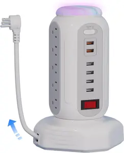 Power Strip Surge Protector Tower, 15 AC Outlets and 6 USB Ports with LED Light, Retractable Heavy Duty Extension Cord with Multiple Outlets, USB  Station with Right Flat Plug (White)