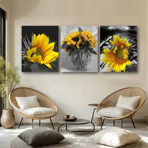 3 Pcs Sunflower Painting Canvas Wall Art Yellow Flowers Prints, Florals Black White Modern Pictures Framed For Bedroom Bathroom Living Room Spa Salon Home Office Wall Decor Ready To Hang, 12"X16"