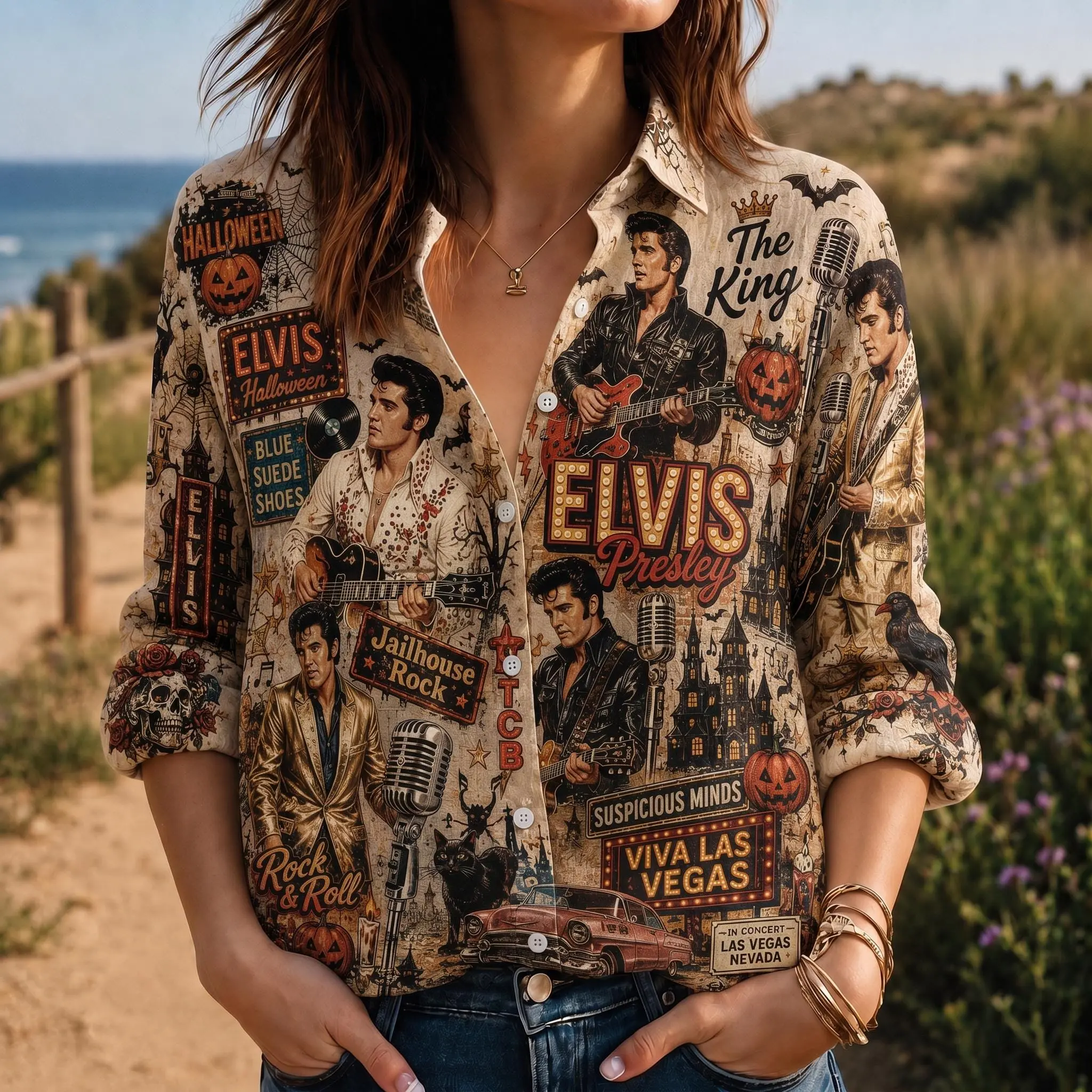 Vintage Elvis Presley Halloween Blouse Shirt, The King Rock & Roll Button Up, Spooky Concert Collage Shirt, Women's Retro Music Top
