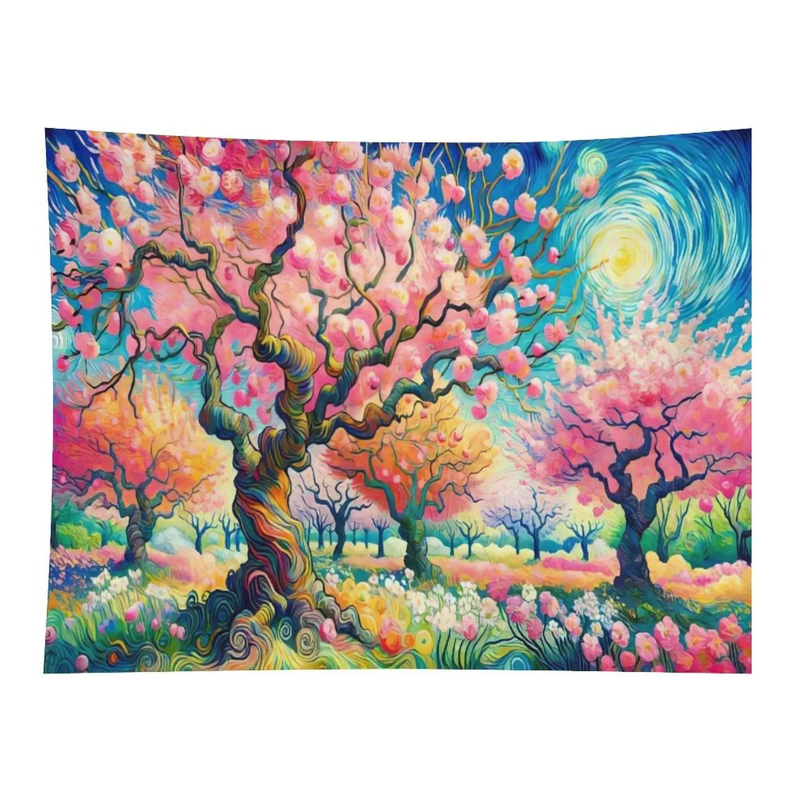 Van Gogh Inspired Spring Cherry Blossom Tree Wall Tapestry Vibrant Swirl Sky Floral Nature Scenery Art Wall Hanging for Living Room Bedroom